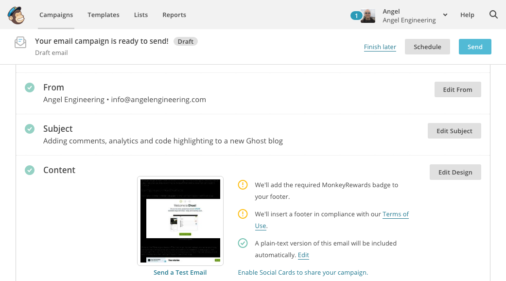 Testing and editing the newly created campaign in Mailchimp