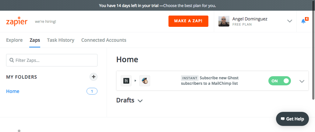 Zapier zap dashboard