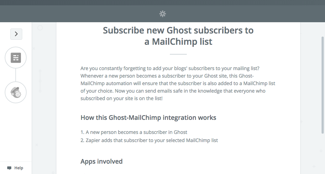 Zapier Ghost subscription integration setup screen