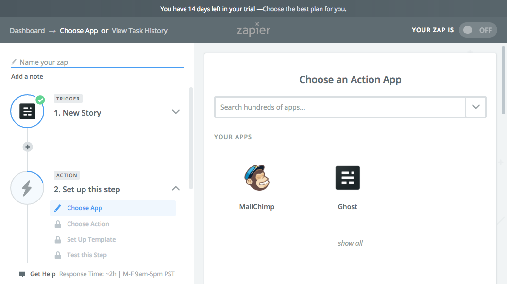 Selecting Mailchimp action for your zap