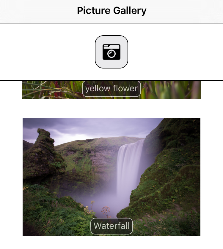 Stateful Nativescript picture gallery app with Font Awesome 5 icons